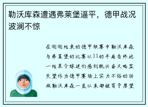 勒沃库森遭遇弗莱堡逼平，德甲战况波澜不惊