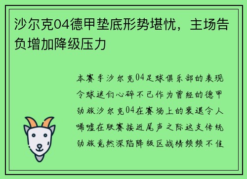 沙尔克04德甲垫底形势堪忧，主场告负增加降级压力