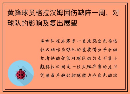 黄蜂球员格拉汉姆因伤缺阵一周，对球队的影响及复出展望